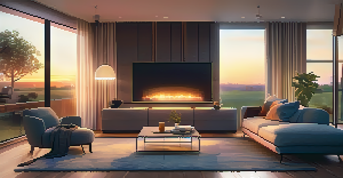 A modern living room with smart home devices, warm lighting, and a sunset view through the window.