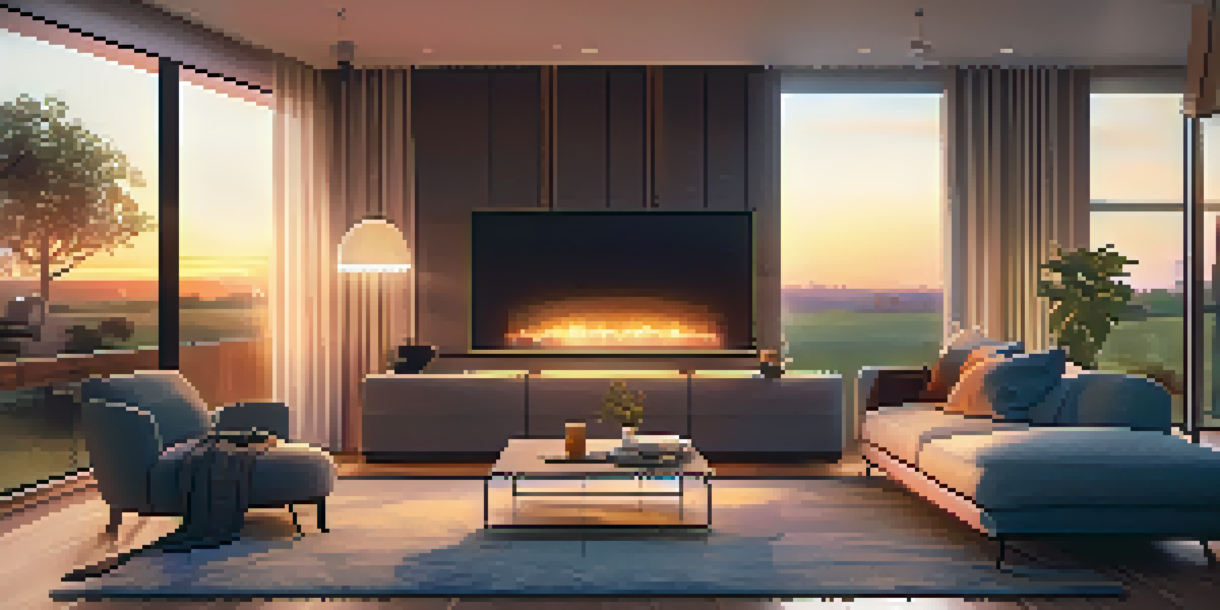 A modern living room with smart home devices, warm lighting, and a sunset view through the window.