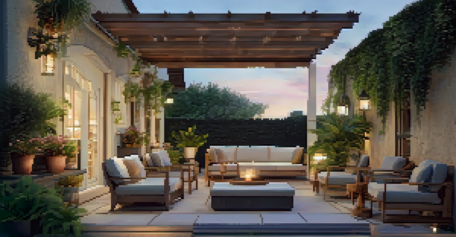 A cozy outdoor patio surrounded by greenery, featuring comfortable seating and a virtual tour interface, with a sunset in the background.