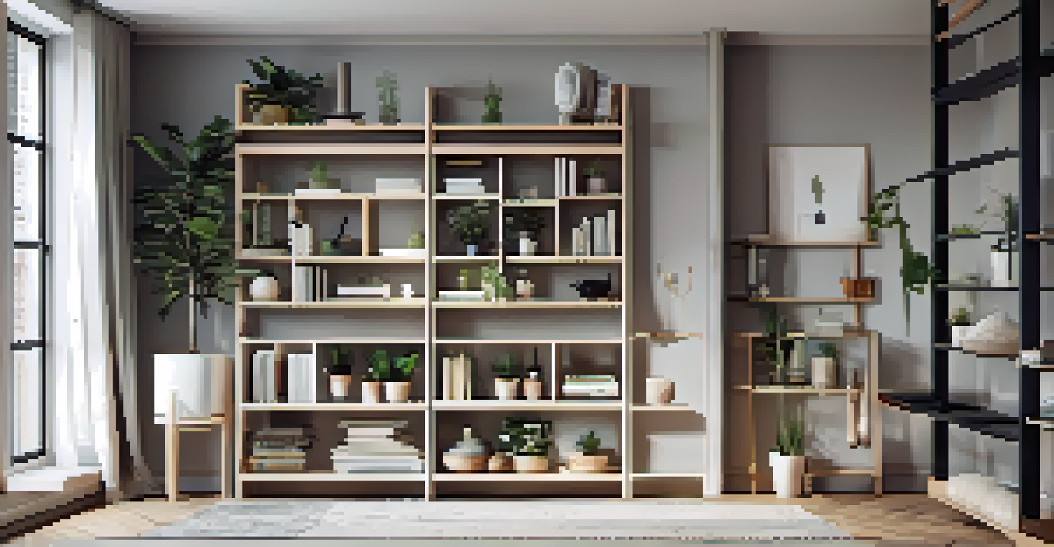 A vertical storage setup on a wall with shelves and hooks, showcasing books and plants in a small home.