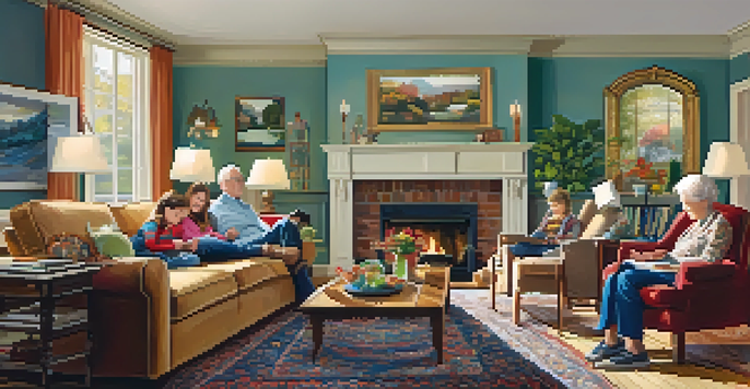 A multi-generational family gathering in a cozy living room with children playing and grandparents conversing.