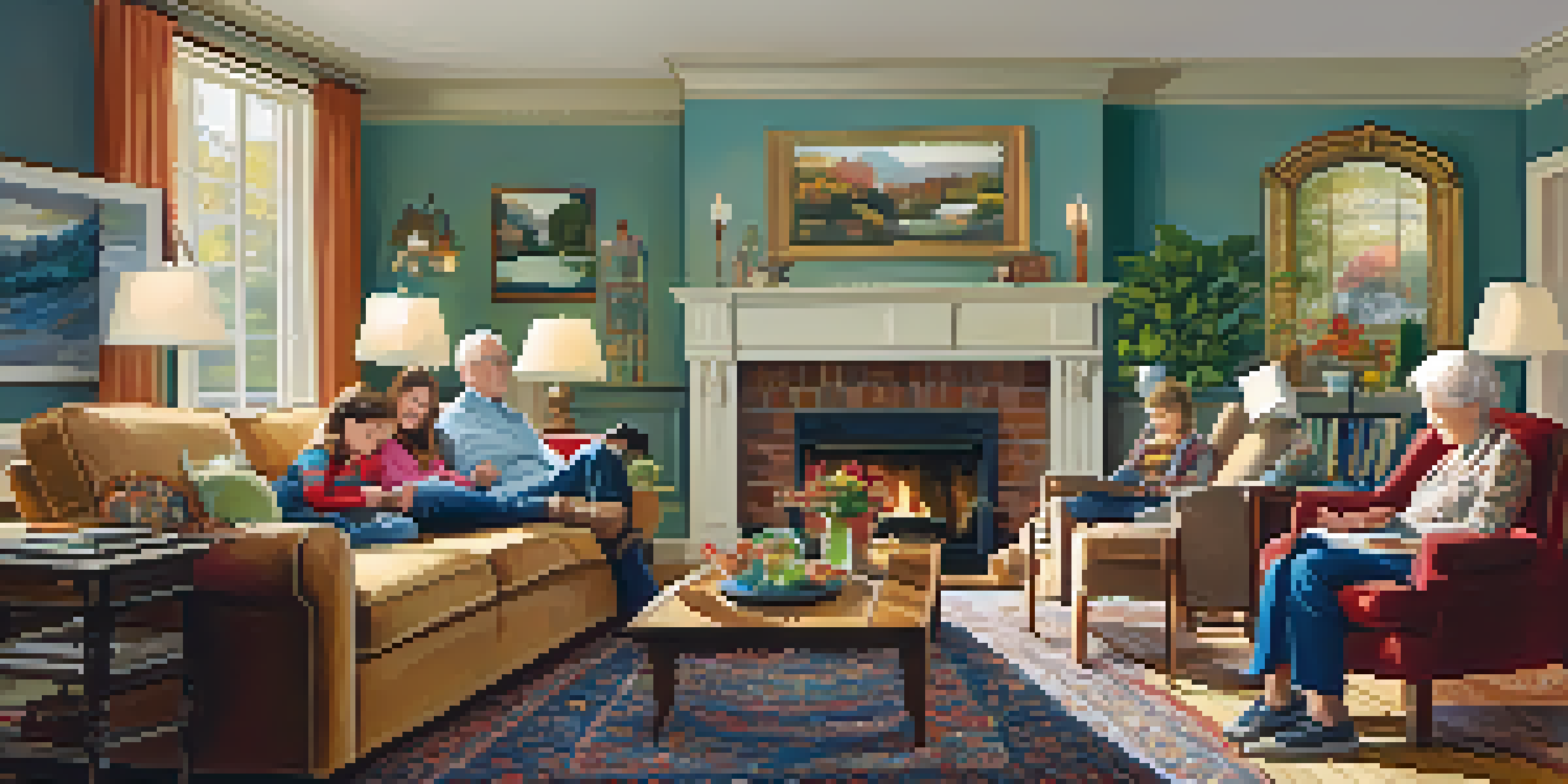 A multi-generational family gathering in a cozy living room with children playing and grandparents conversing.