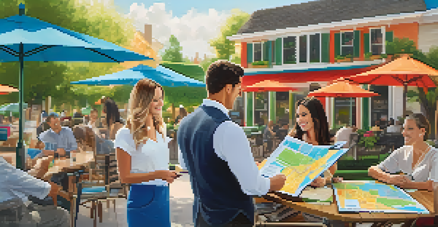 A real estate agent showing a neighborhood map to a buyer at an outdoor café, with a focus on highlighted areas of interest.