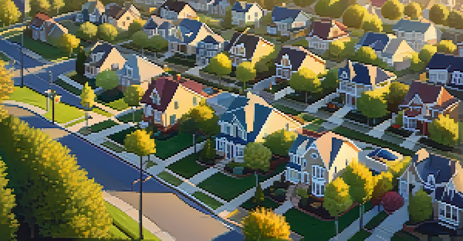 An aerial view of a peaceful suburban neighborhood with houses and a park.