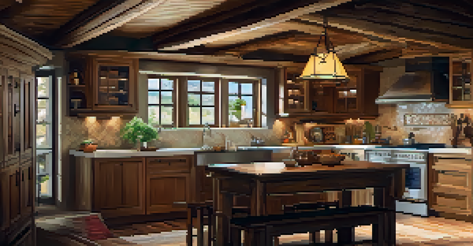 A rustic kitchen with a wooden beamed ceiling, vintage appliances, and a cozy dining area illuminated by soft lighting.