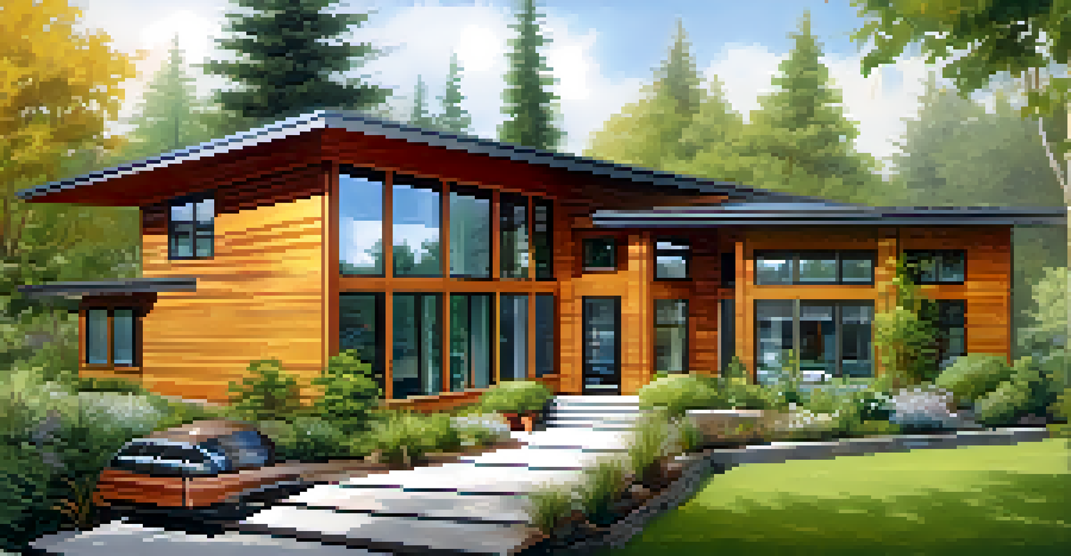 A modern passive solar home with large windows and unique architecture, surrounded by gardens and trees.
