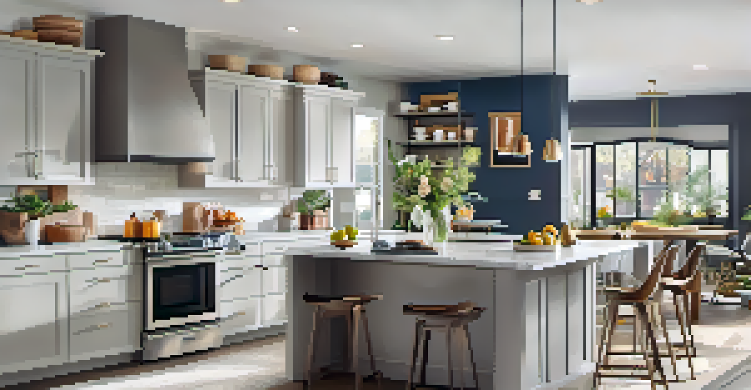 A vibrant open house kitchen with modern appliances and potential buyers exploring the space, filled with natural light.