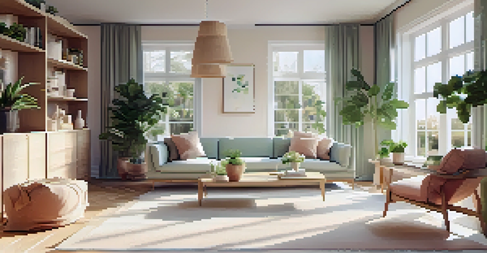 A modern living room with low-VOC paints and sustainable furniture, filled with natural light and greenery.