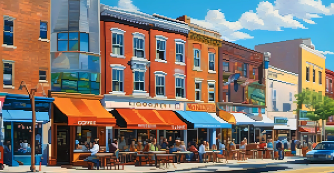 A lively urban neighborhood with a small coffee shop and modern buildings, showcasing a blend of old and new architecture.