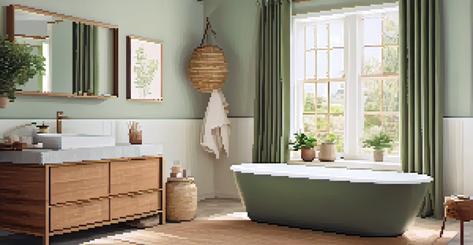 An eco-friendly bathroom with bamboo vanity, cork flooring, and natural light coming through a window with organic cotton curtains, featuring green and brown colors with potted plants.
