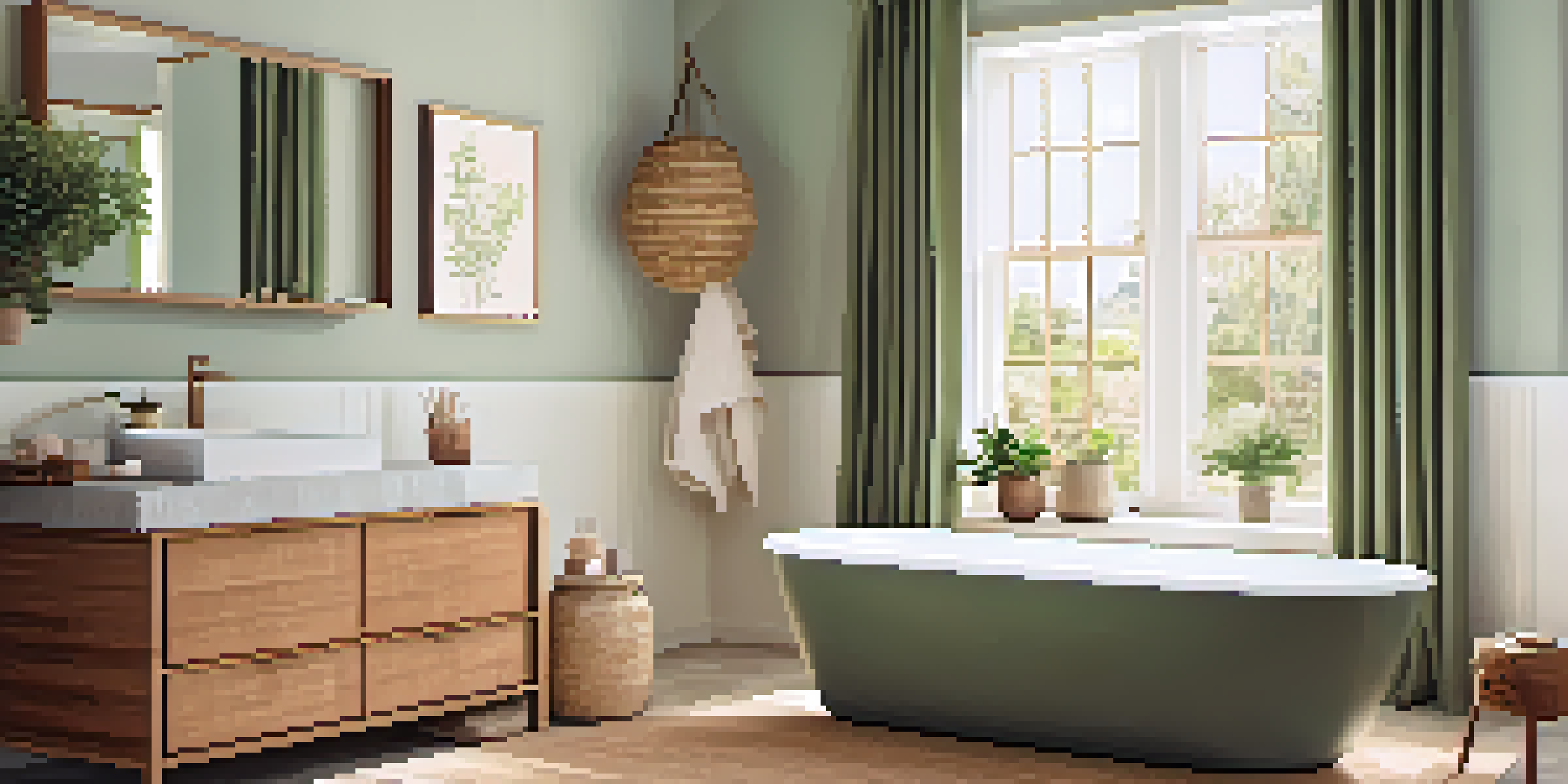 An eco-friendly bathroom with bamboo vanity, cork flooring, and natural light coming through a window with organic cotton curtains, featuring green and brown colors with potted plants.