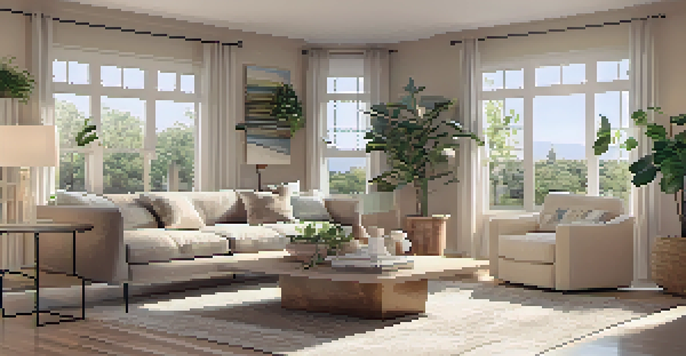 A bright and inviting living room with a beige sofa, pastel pillows, a glass coffee table, and natural light streaming in from large windows.