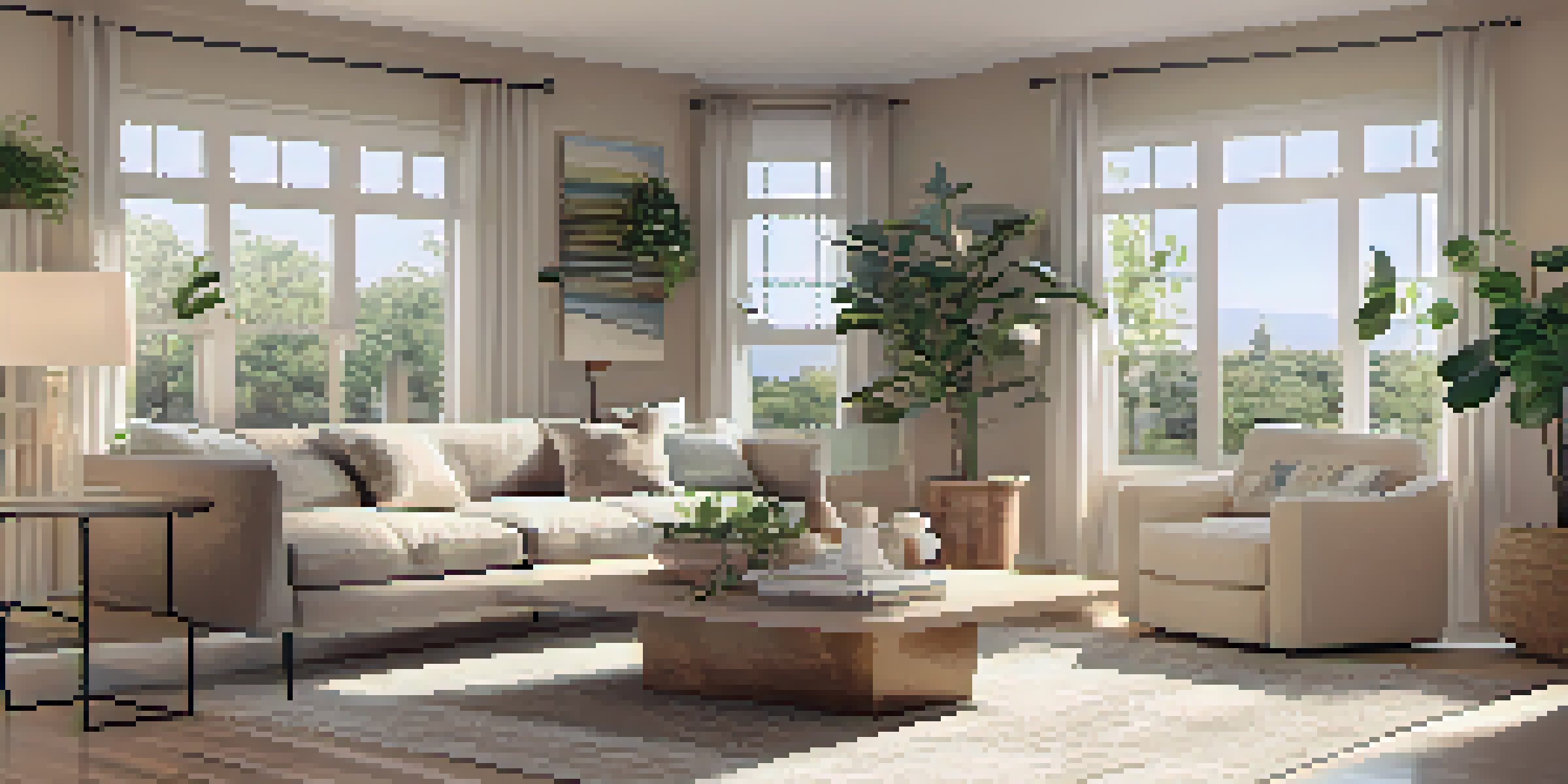 A bright and inviting living room with a beige sofa, pastel pillows, a glass coffee table, and natural light streaming in from large windows.