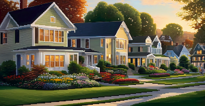 A peaceful suburban neighborhood during sunset with diverse houses, green lawns, and a family having a picnic.