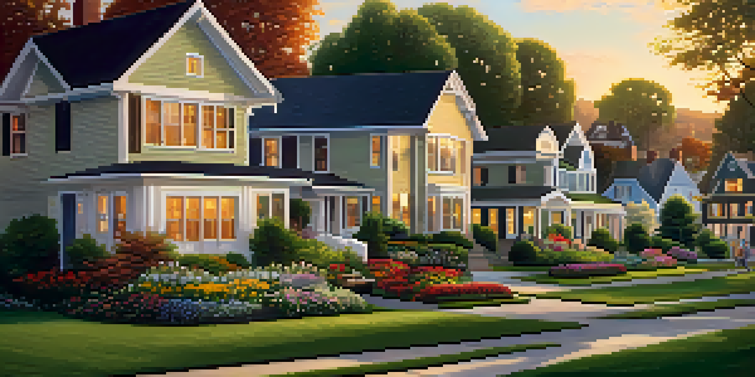 A peaceful suburban neighborhood during sunset with diverse houses, green lawns, and a family having a picnic.