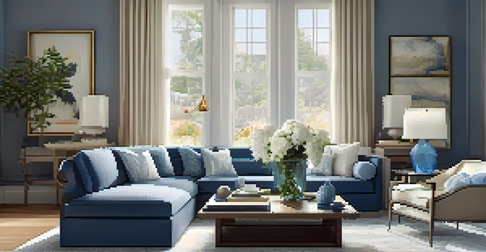 A staged living room with modern furniture, soft lighting, and a cozy atmosphere.