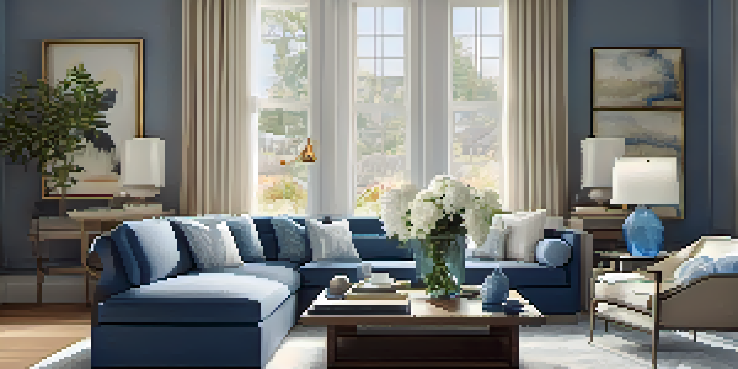 A staged living room with modern furniture, soft lighting, and a cozy atmosphere.