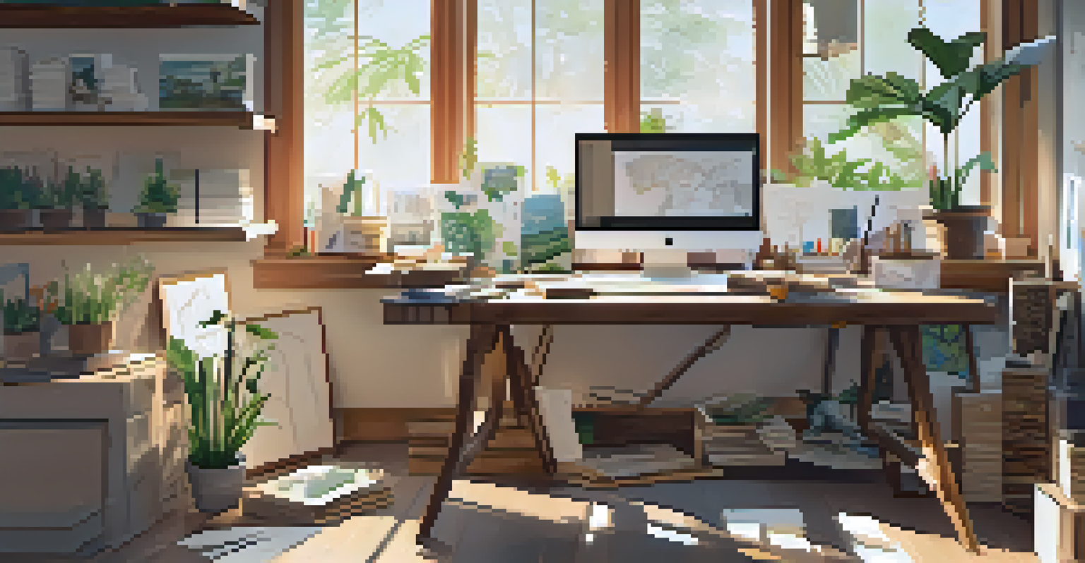 A creator's workspace filled with eco-friendly materials and sketches, showing a crowdfunding campaign in progress.