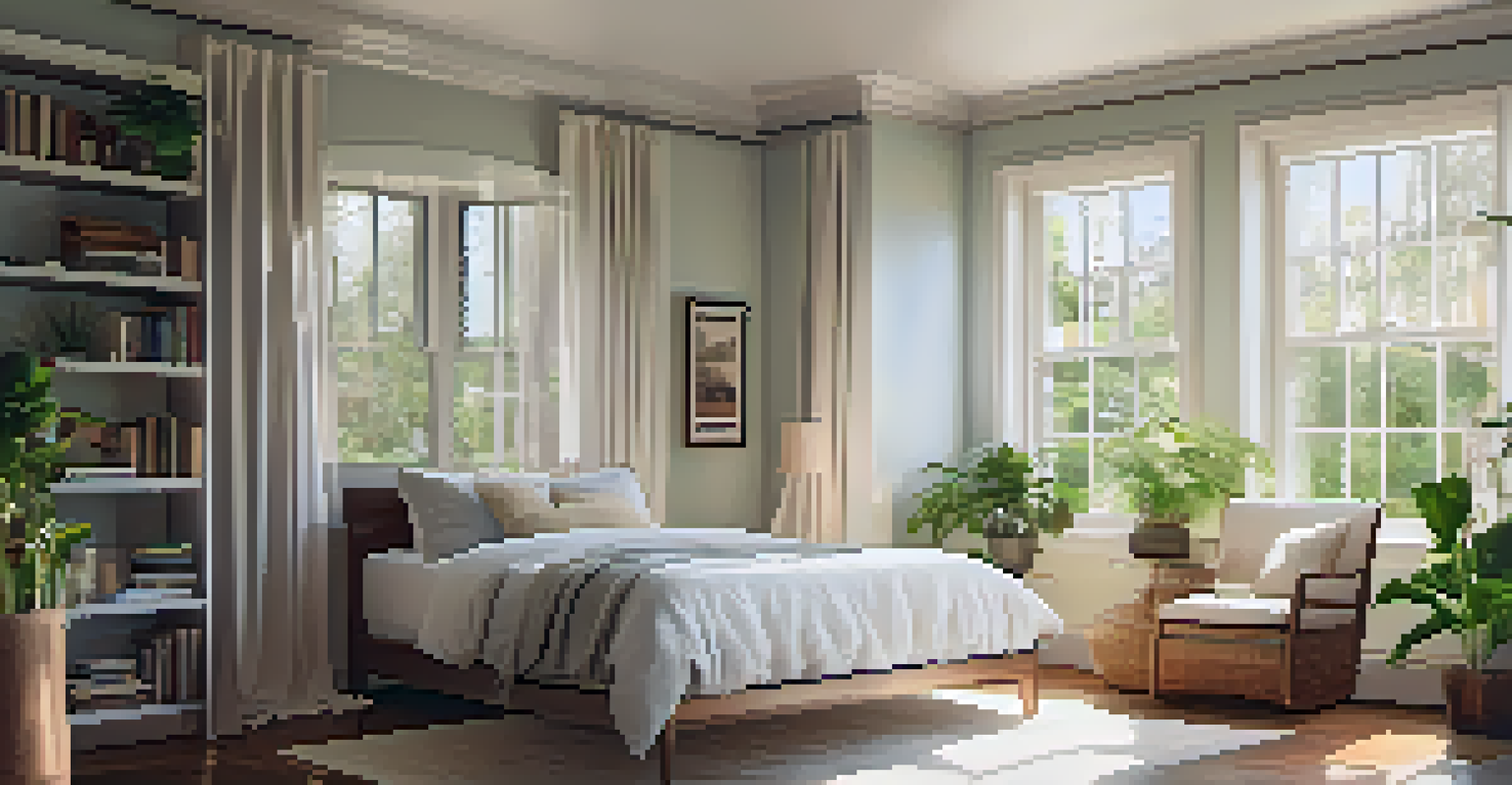 A peaceful bedroom with soft light from north-facing windows, featuring a cozy bed, reading nook, and plants.