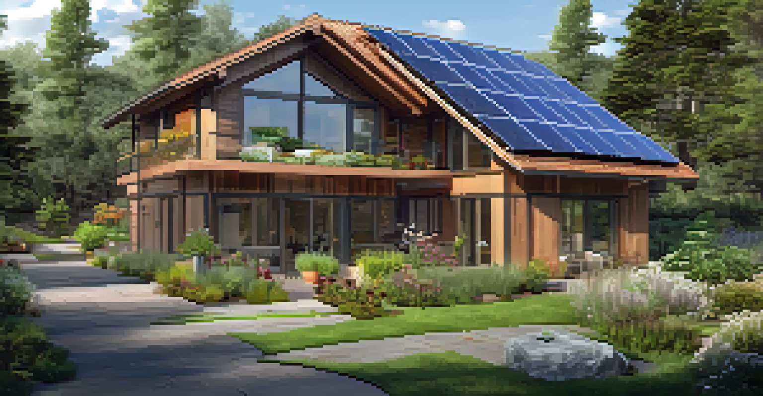 An eco-friendly home with solar panels, large windows, and a lush garden, highlighting sustainable living and health-conscious design.