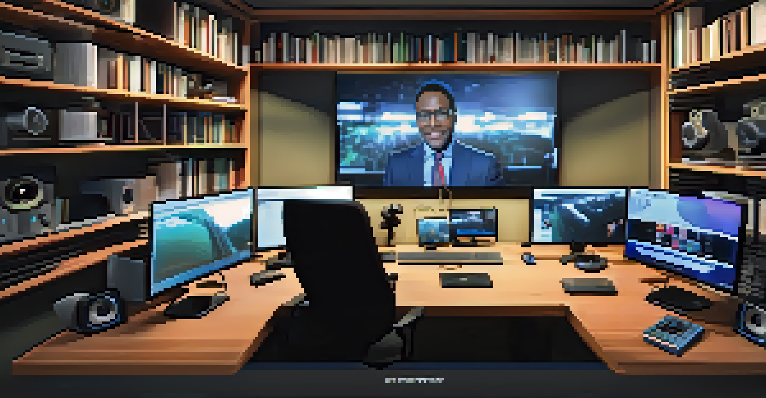 A high-tech workspace with a professional webcam, microphone, noise-canceling headphones, and a monitor displaying a video call interface.