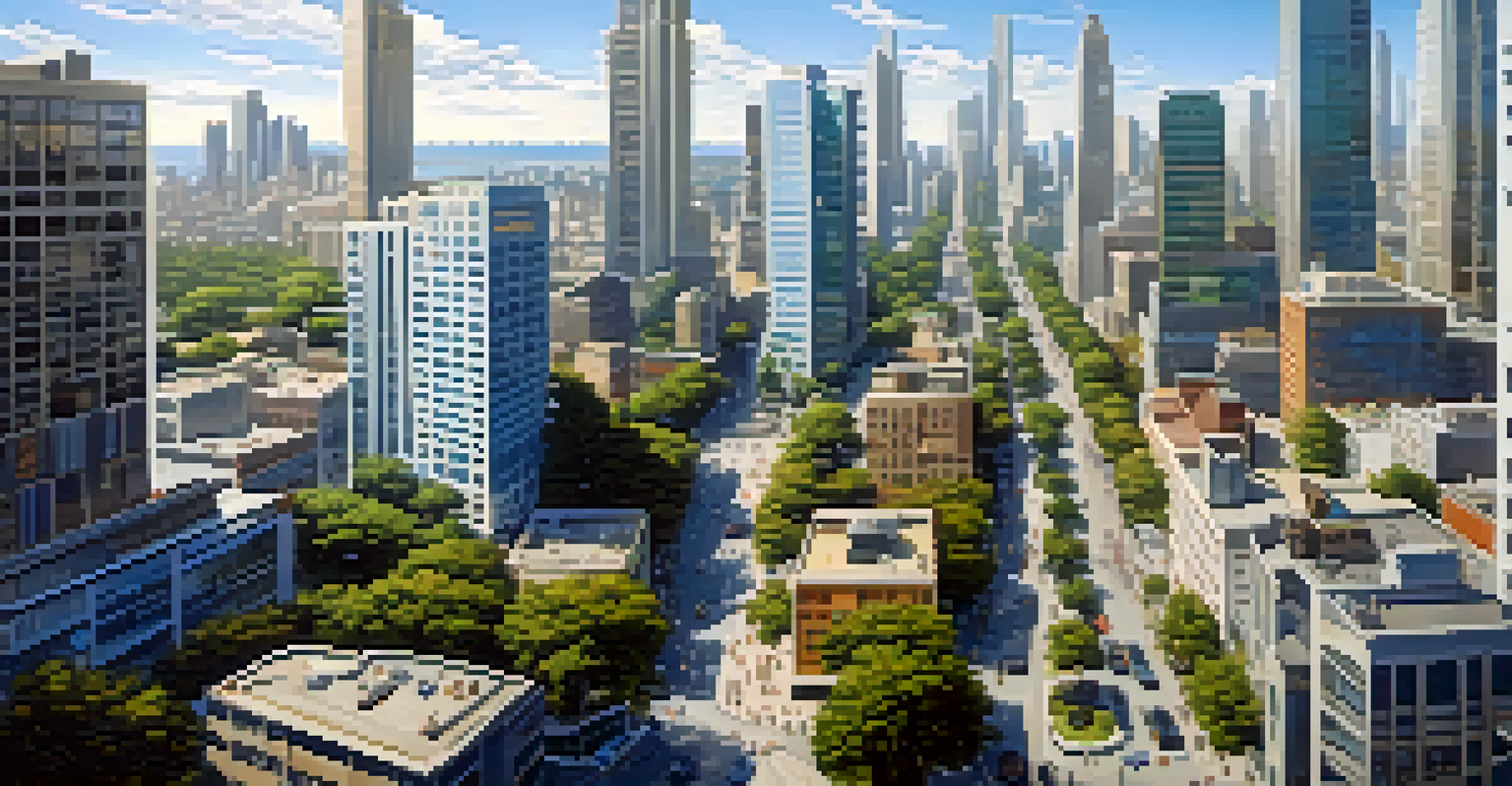 Aerial view of a vibrant urban city with high-rise buildings, busy streets, and parks.