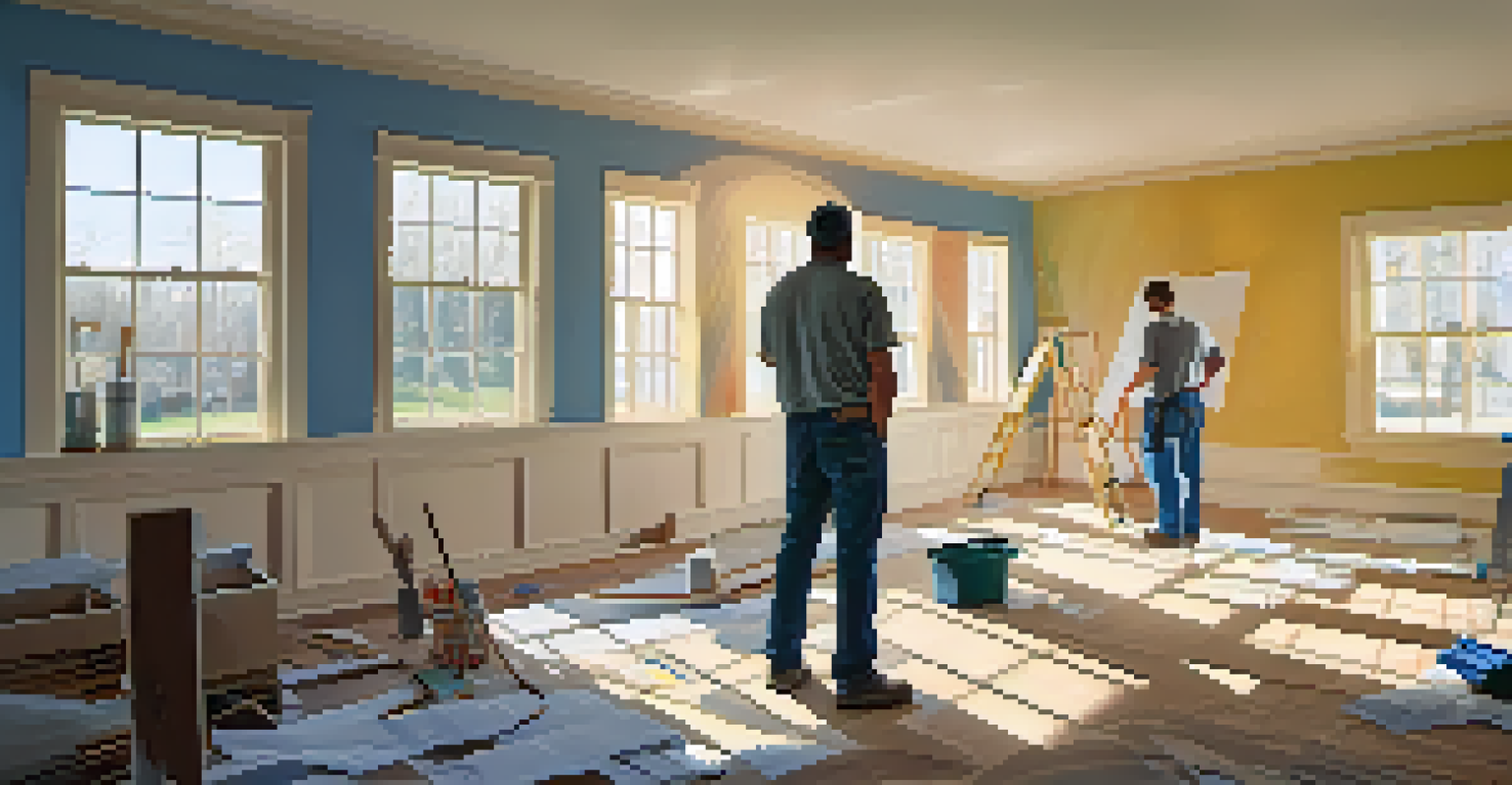 A living room renovation in progress, featuring a contractor and homeowners discussing blueprints with tools and paint cans around.