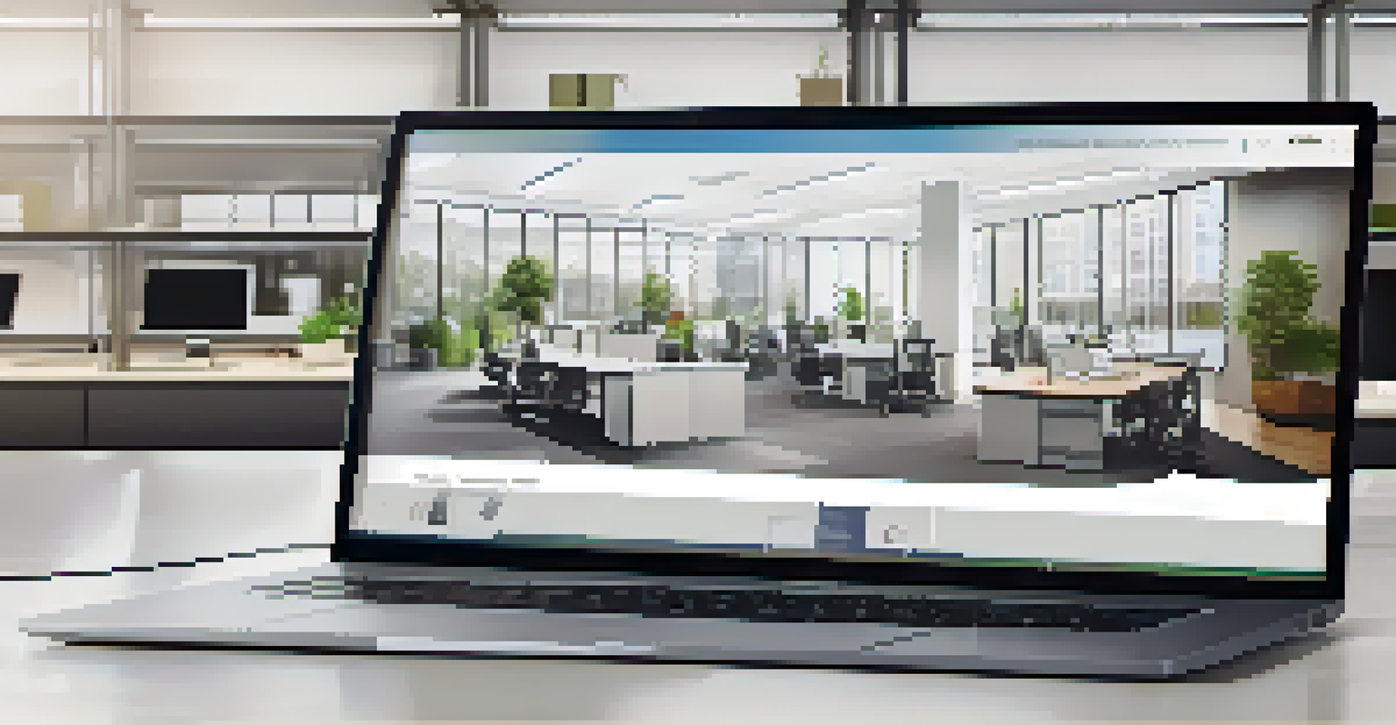 A laptop showing an interactive virtual tour of a commercial office space with clickable information hotspots.