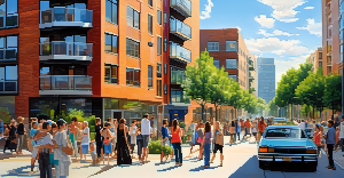 A diverse group of people socializing outside a modern apartment building in a vibrant urban environment under a clear blue sky.