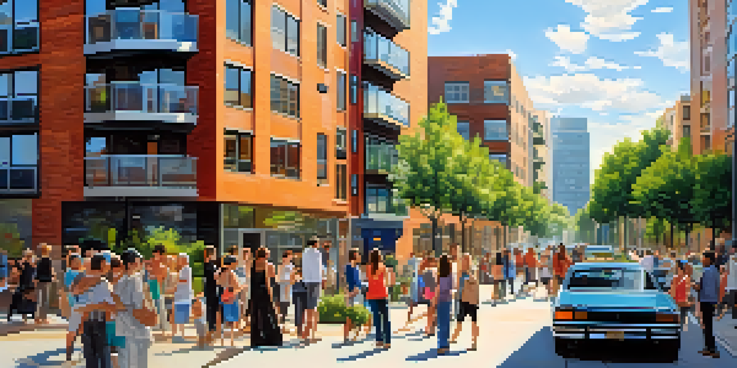 A diverse group of people socializing outside a modern apartment building in a vibrant urban environment under a clear blue sky.