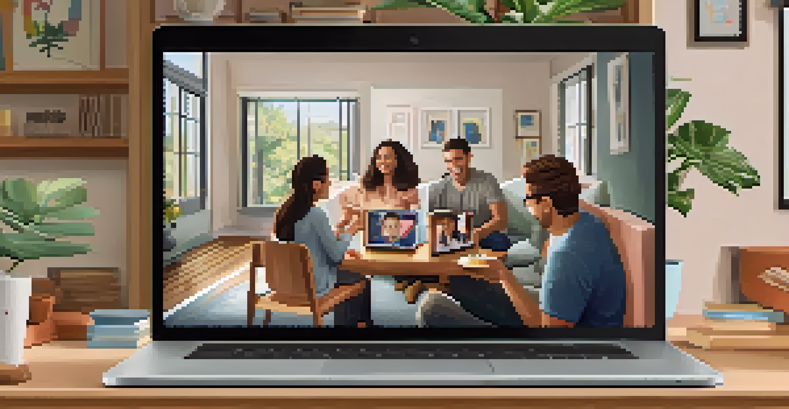 A laptop screen displaying a video call with family members, set in a cozy living room with family photos in the background.