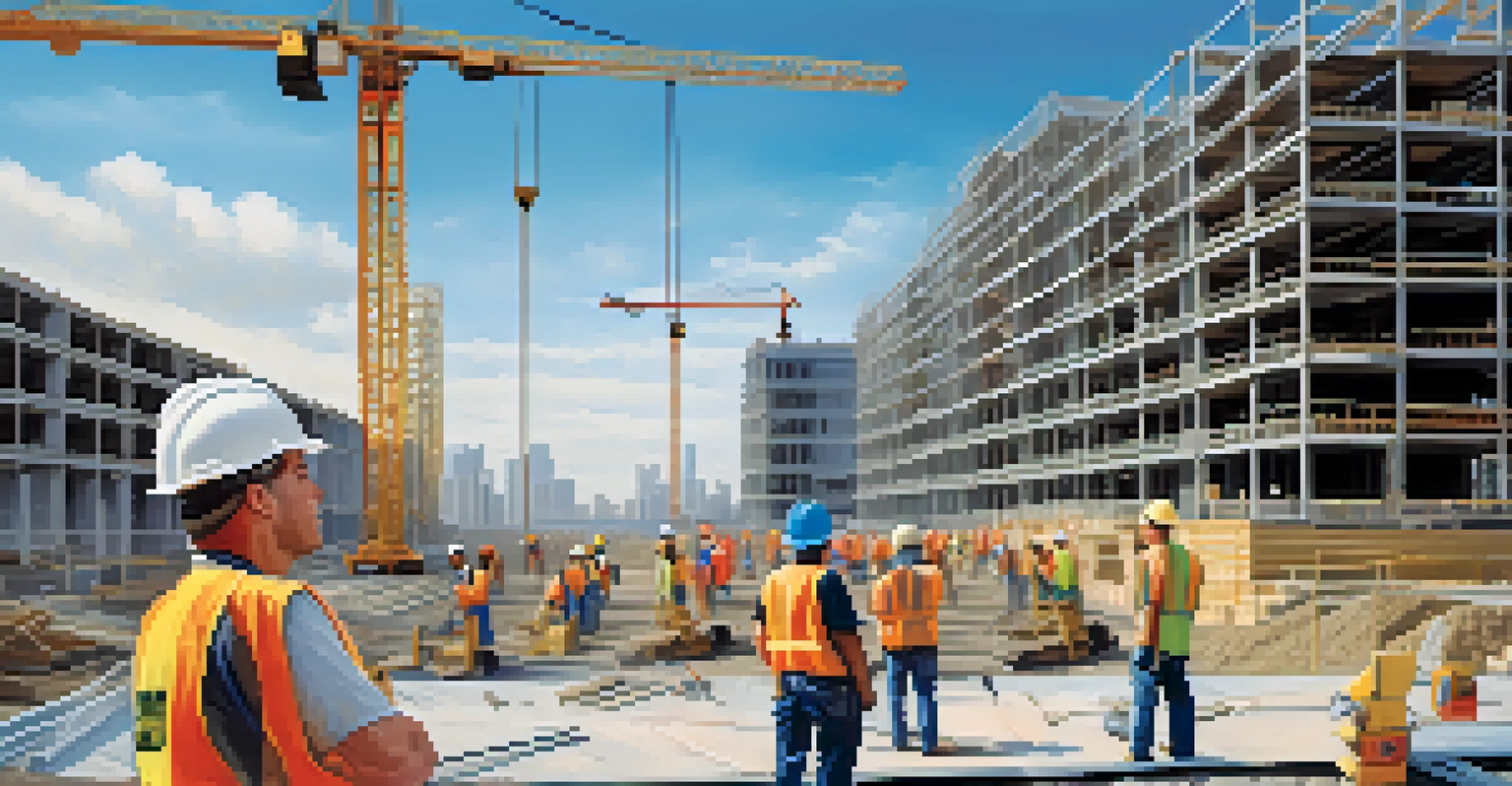 A busy construction site with cranes and workers building an apartment complex.