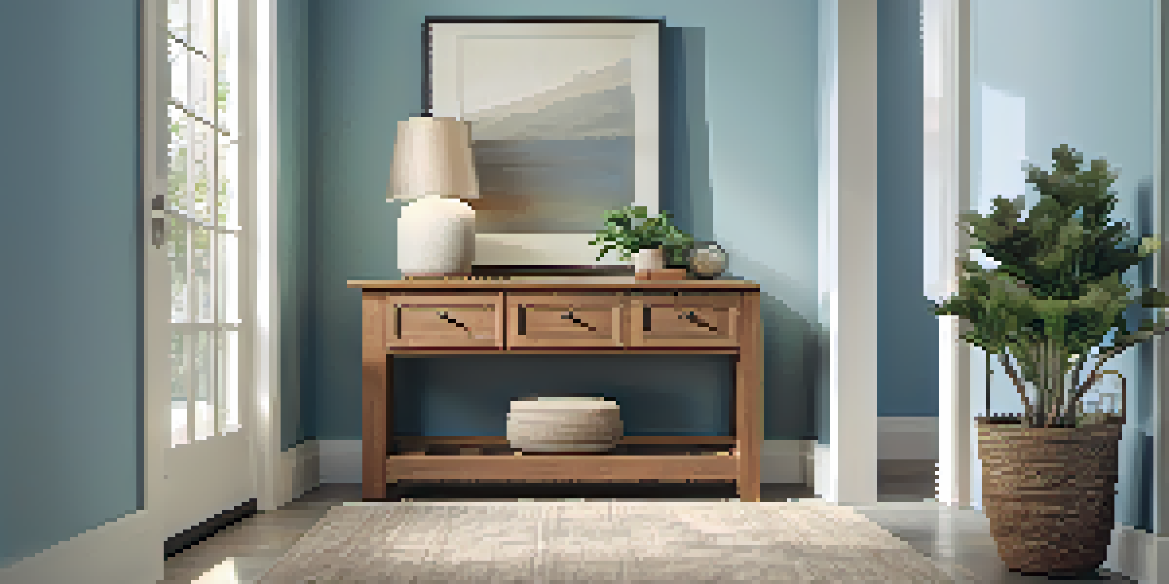A welcoming entryway with a light blue wall, a wooden bench with storage, a small plant, and warm lighting from a table lamp.