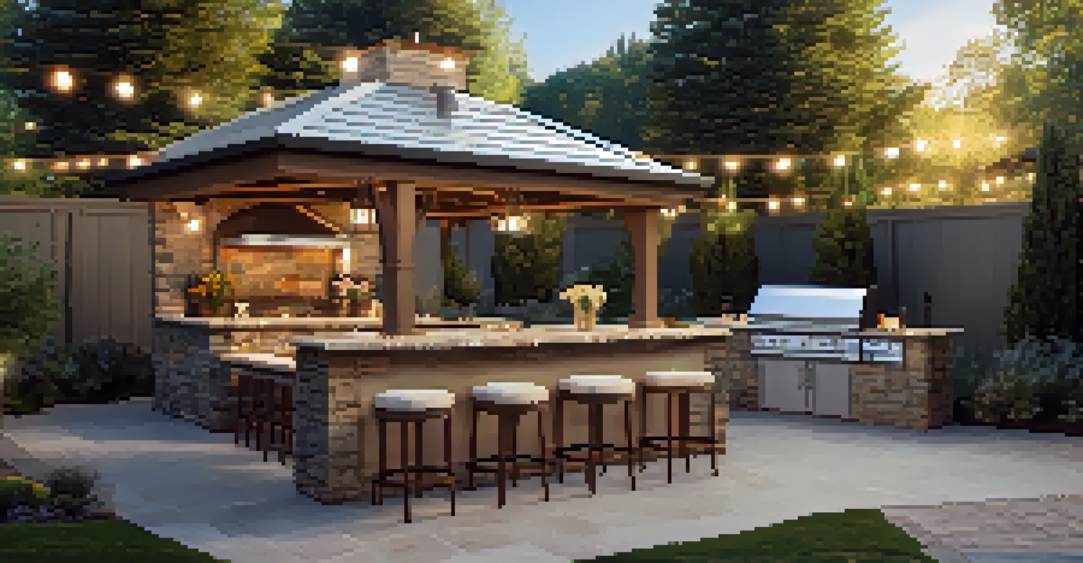 An elegant outdoor kitchen with a built-in grill and stone countertops, surrounded by a landscaped backyard, with string lights and a warm sunset ambiance.