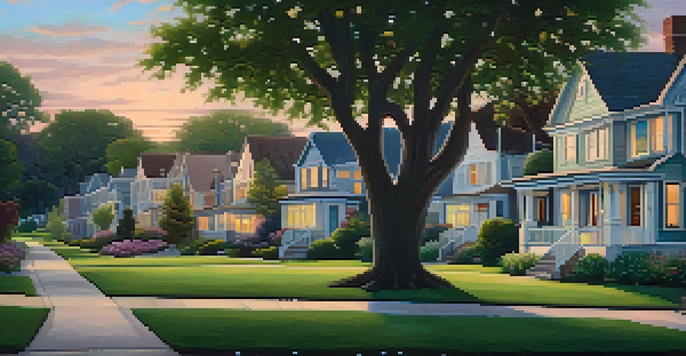 A peaceful suburban neighborhood at dusk with charming homes and blooming flowers.