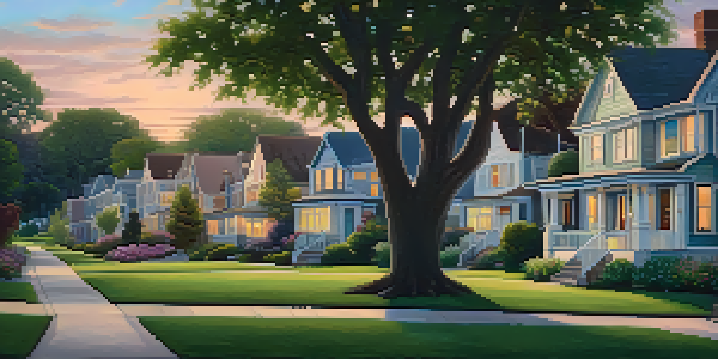 A peaceful suburban neighborhood at dusk with charming homes and blooming flowers.
