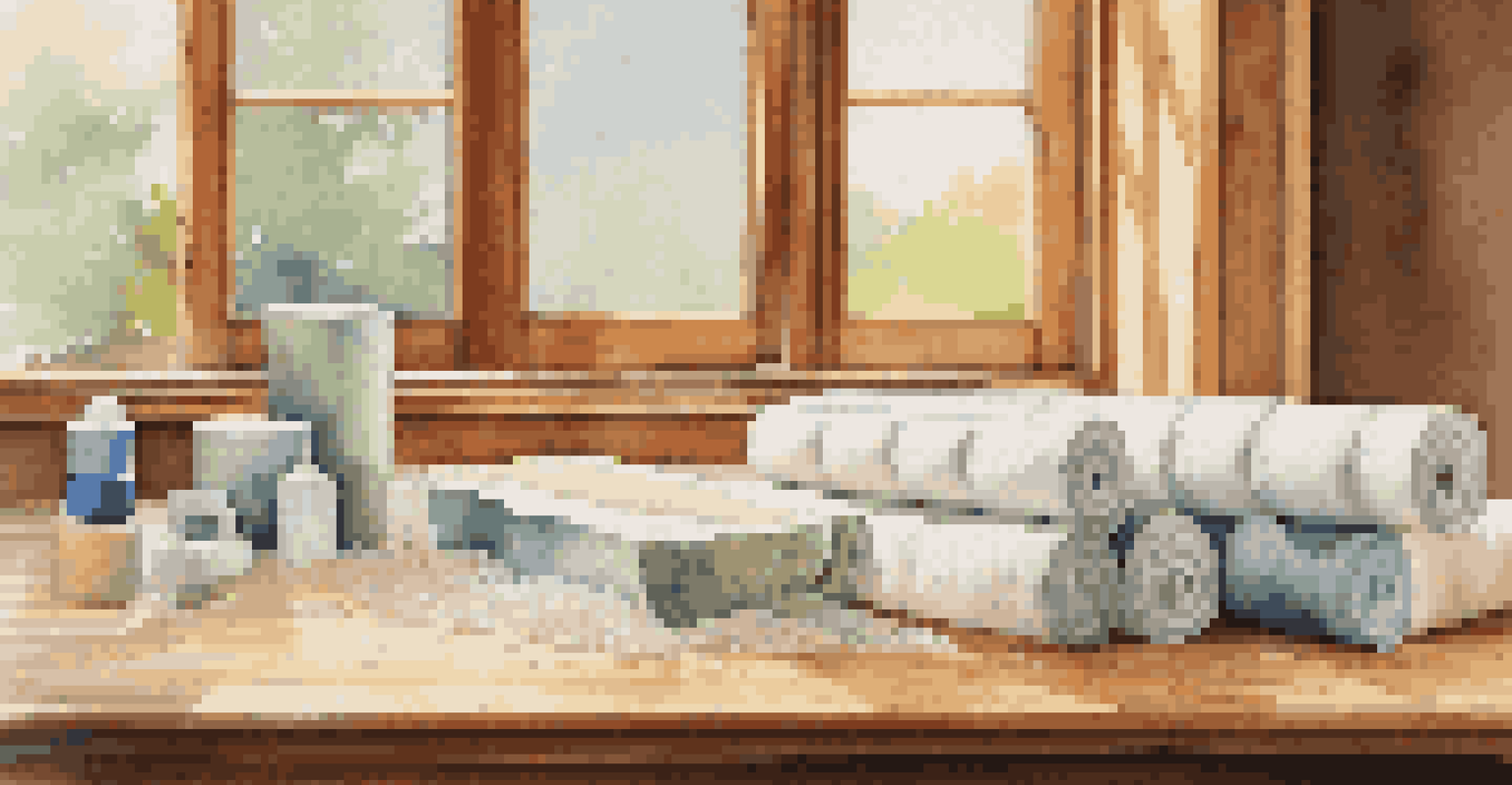 A close-up of different energy-efficient insulation materials on a wooden table illuminated by natural light.