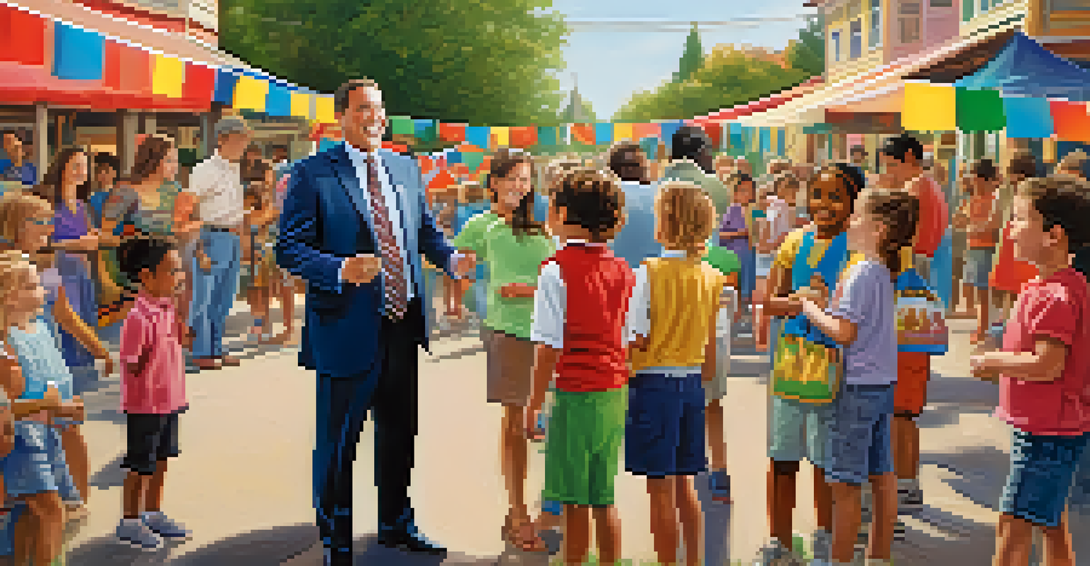 A real estate agent actively engaging with the community at a local event, surrounded by families and children.