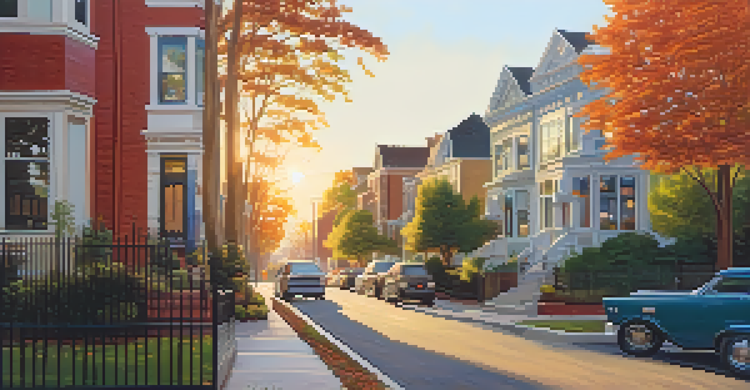 A picturesque urban neighborhood with renovated homes, gardens, and a warm sunset glow.