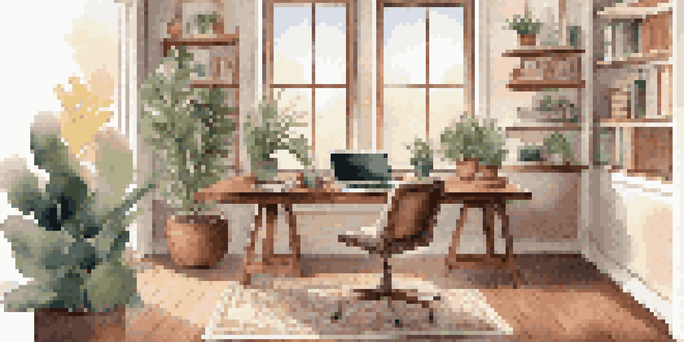 A bright and inviting home office with plants, a desk, and natural light coming through a large window.