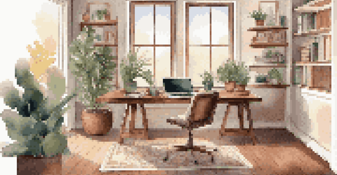 A bright and inviting home office with plants, a desk, and natural light coming through a large window.