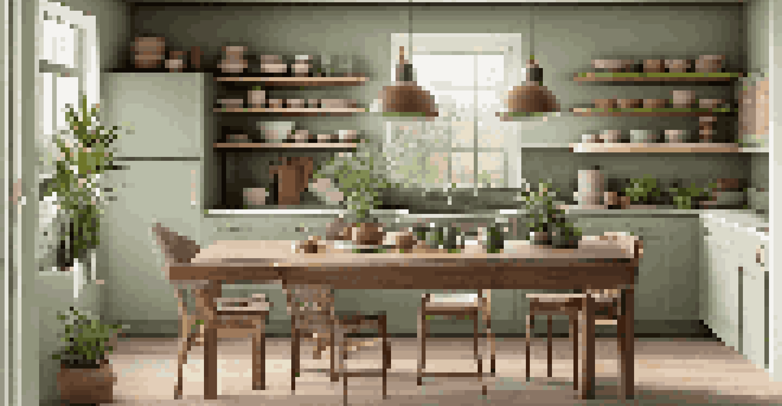 A serene kitchen with sage green cabinets and wooden elements, featuring a cozy breakfast nook and natural light.