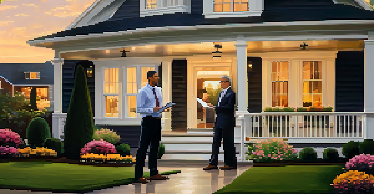 A real estate agent interacting with a couple in front of a charming single-family home during sunset.