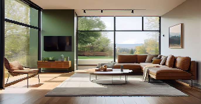 A bright and cozy modern living room with a smart thermostat on the wall, large windows, and comfortable furniture.