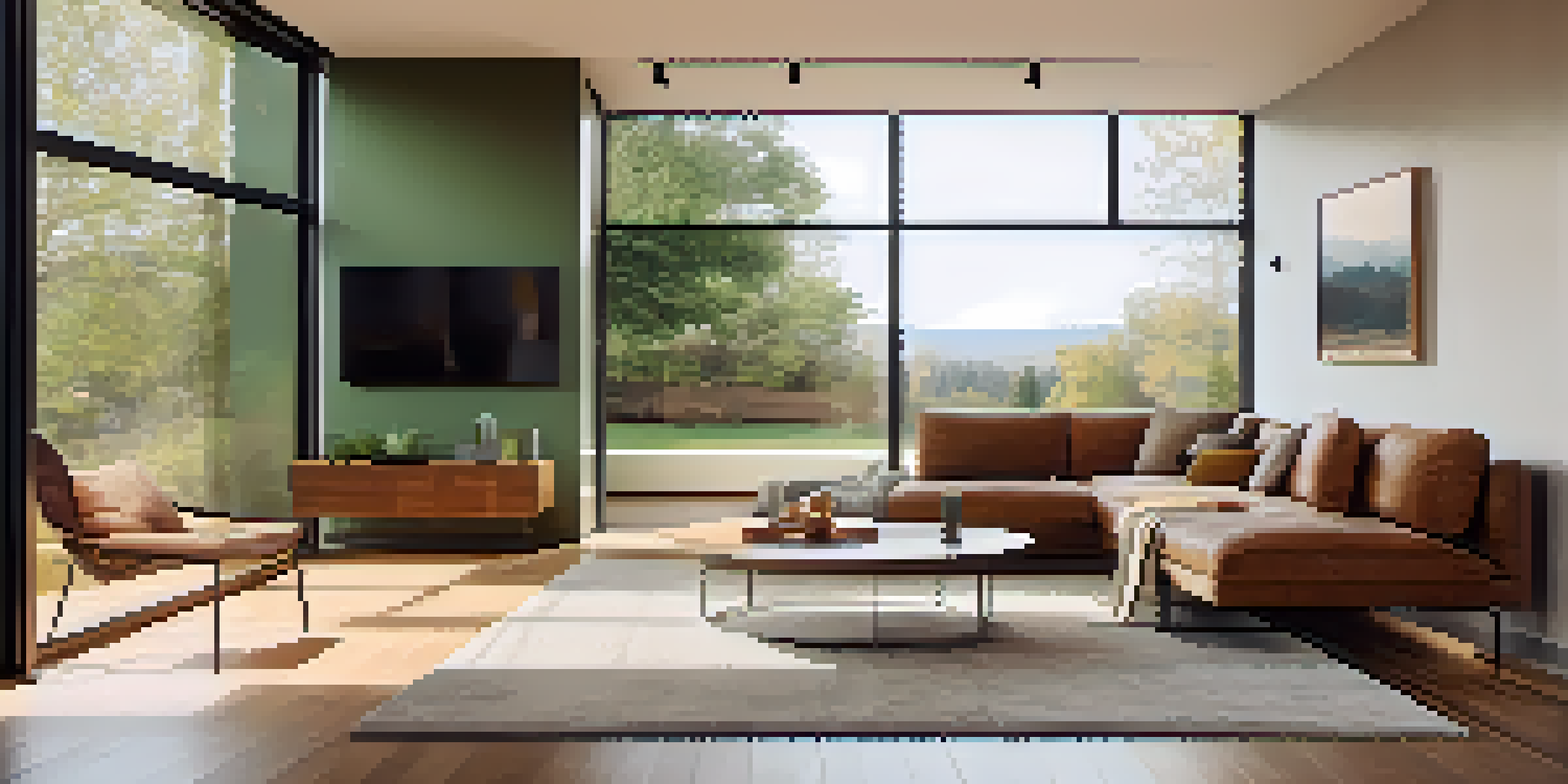 A bright and cozy modern living room with a smart thermostat on the wall, large windows, and comfortable furniture.