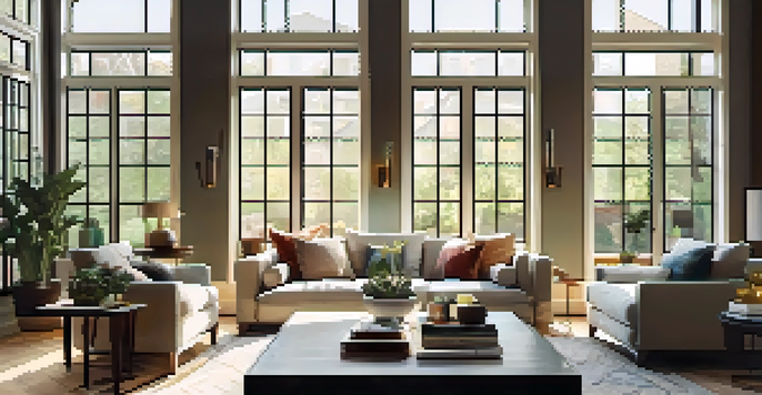 A cozy living room with a modern sofa, coffee table, and artwork, illuminated by natural light from large windows.