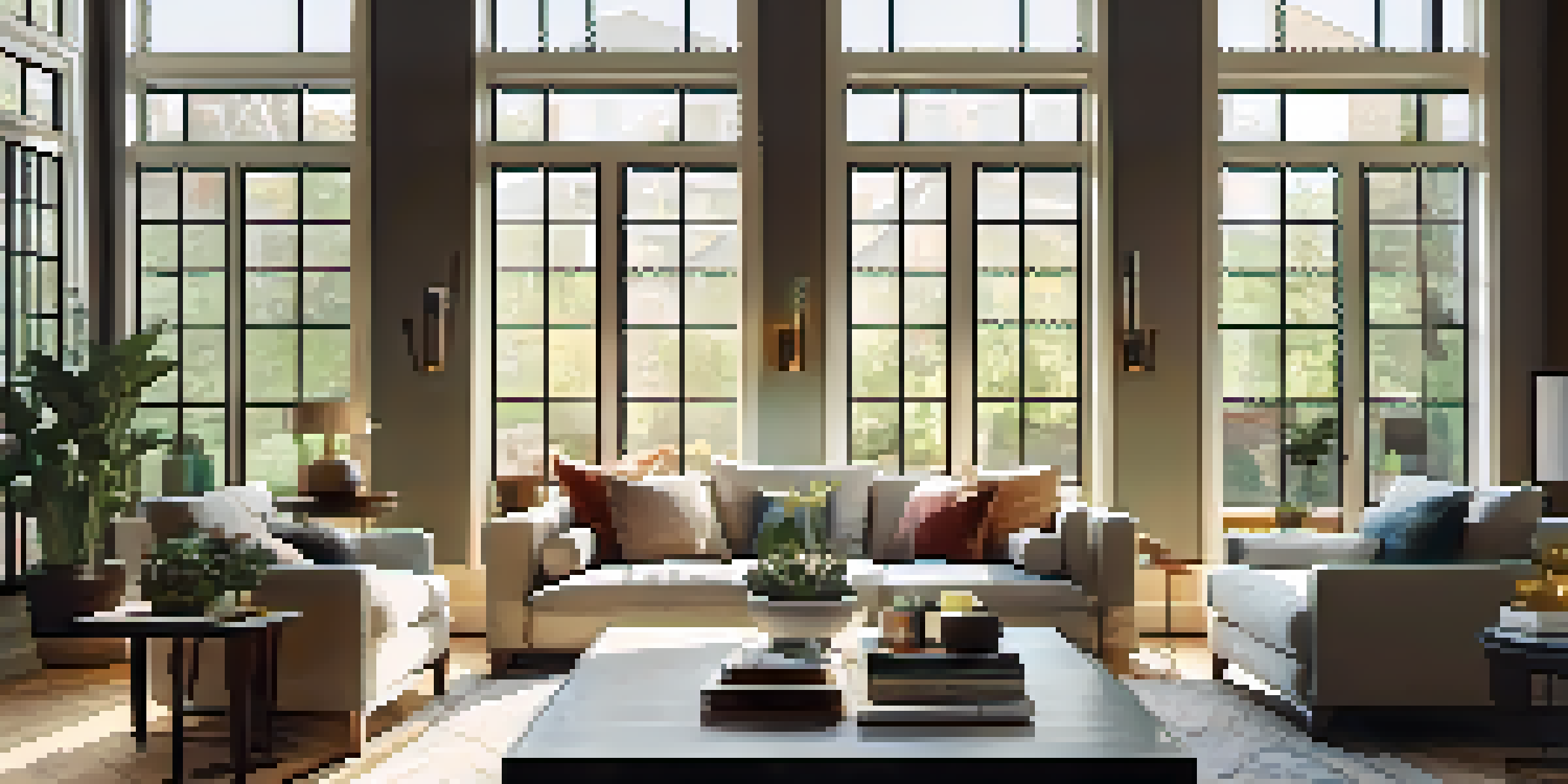 A cozy living room with a modern sofa, coffee table, and artwork, illuminated by natural light from large windows.