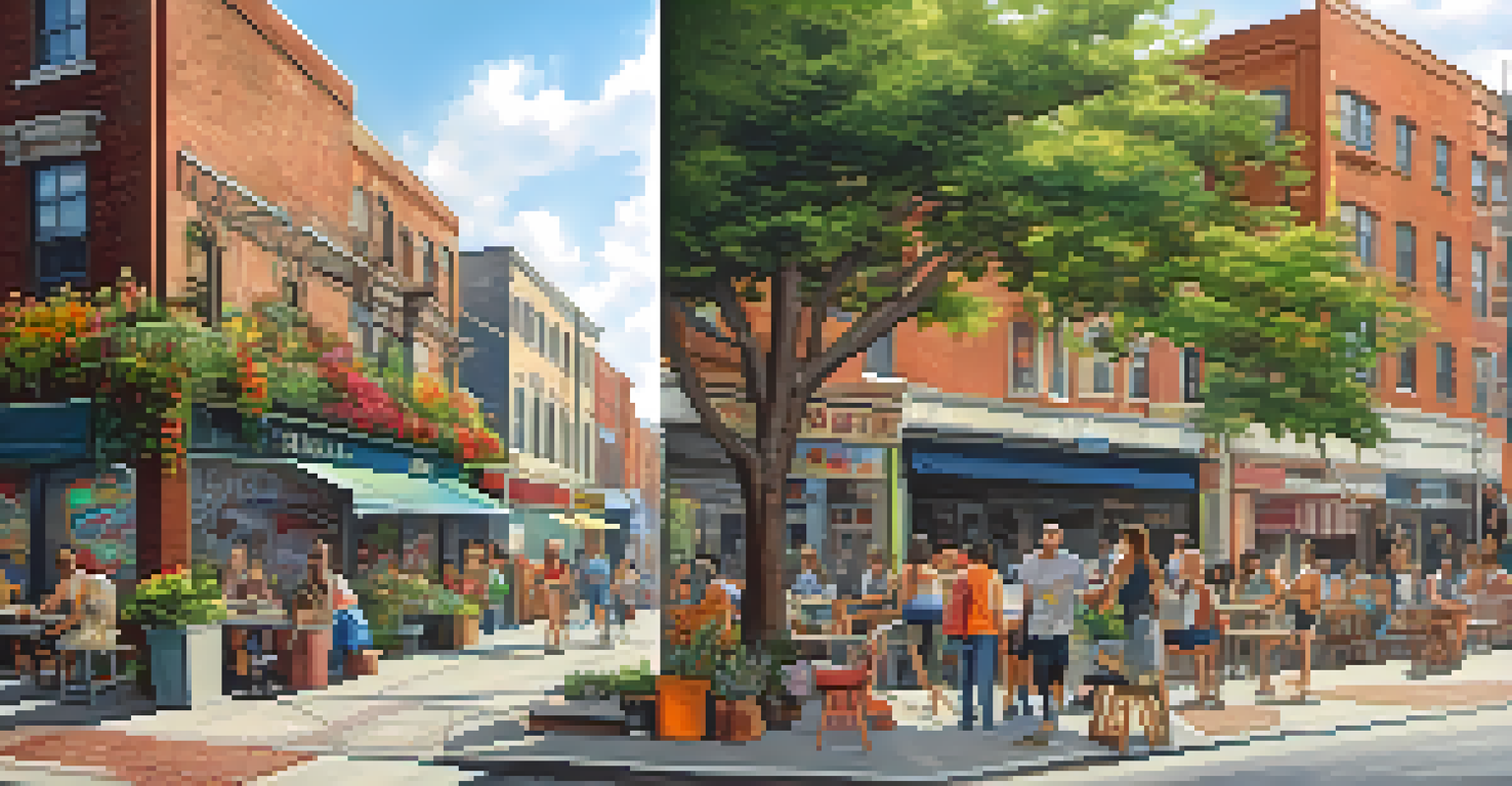 A visual comparison of an urban block before and after revitalization, showing a transition from dilapidation to a vibrant community space.