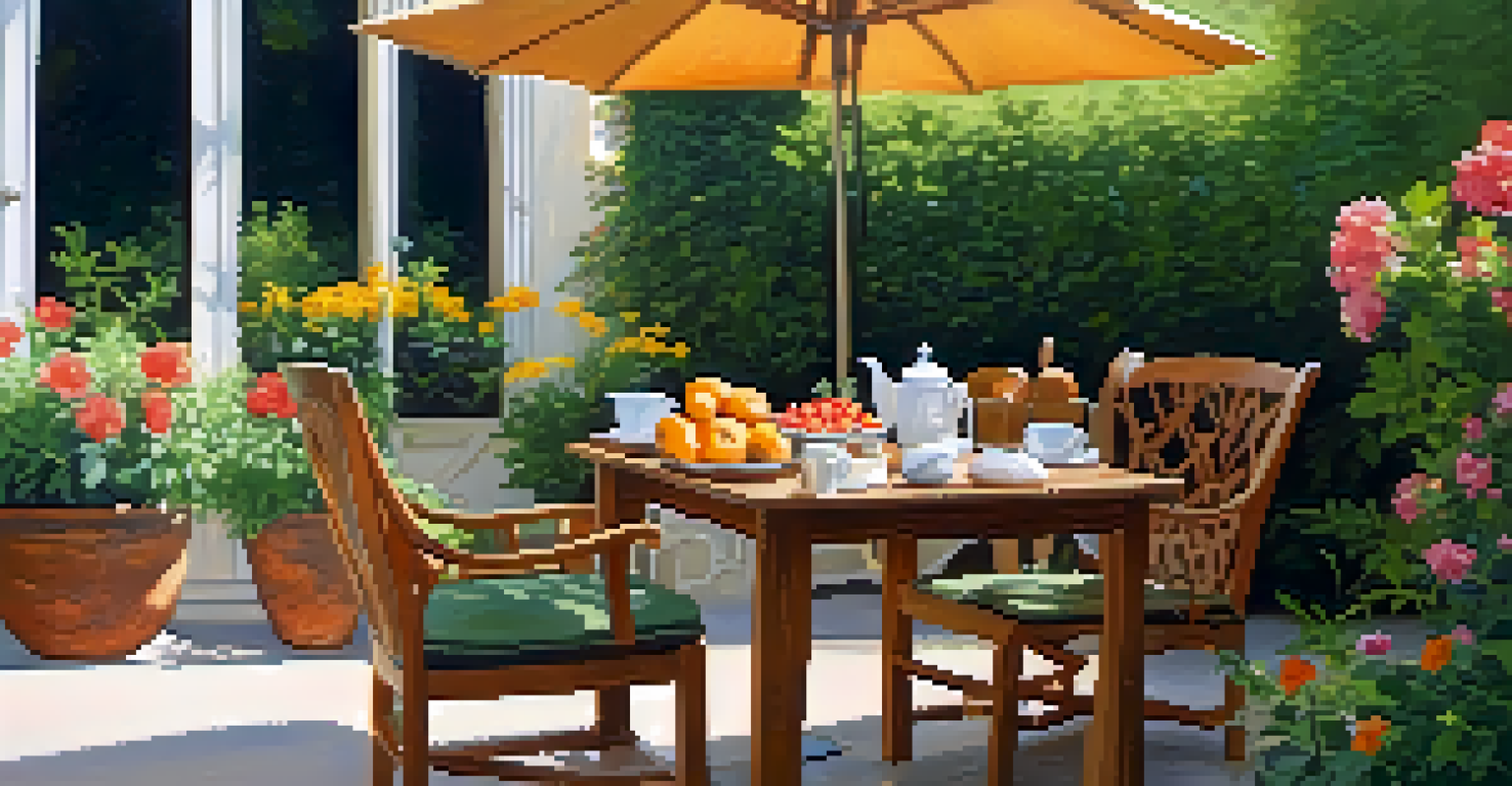 A tranquil patio setting with a wooden table laid for breakfast, surrounded by blooming flowers and illuminated by morning sunlight.