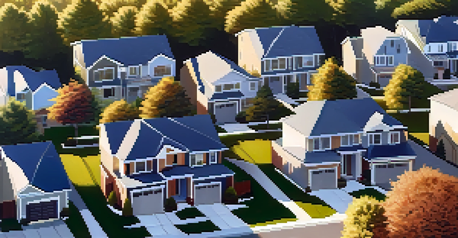 An overhead view of a neighborhood featuring homes with diverse energy-efficient roofs under a bright blue sky.